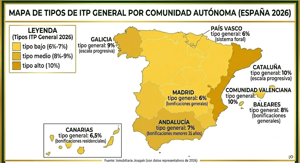 mapa de España con los diferentes tipos impositivos